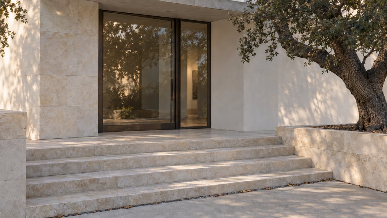 Bronze-framed entry door beside a full-height glass sidelight in a limestone facade, beneath an oak’s dappled shadow.