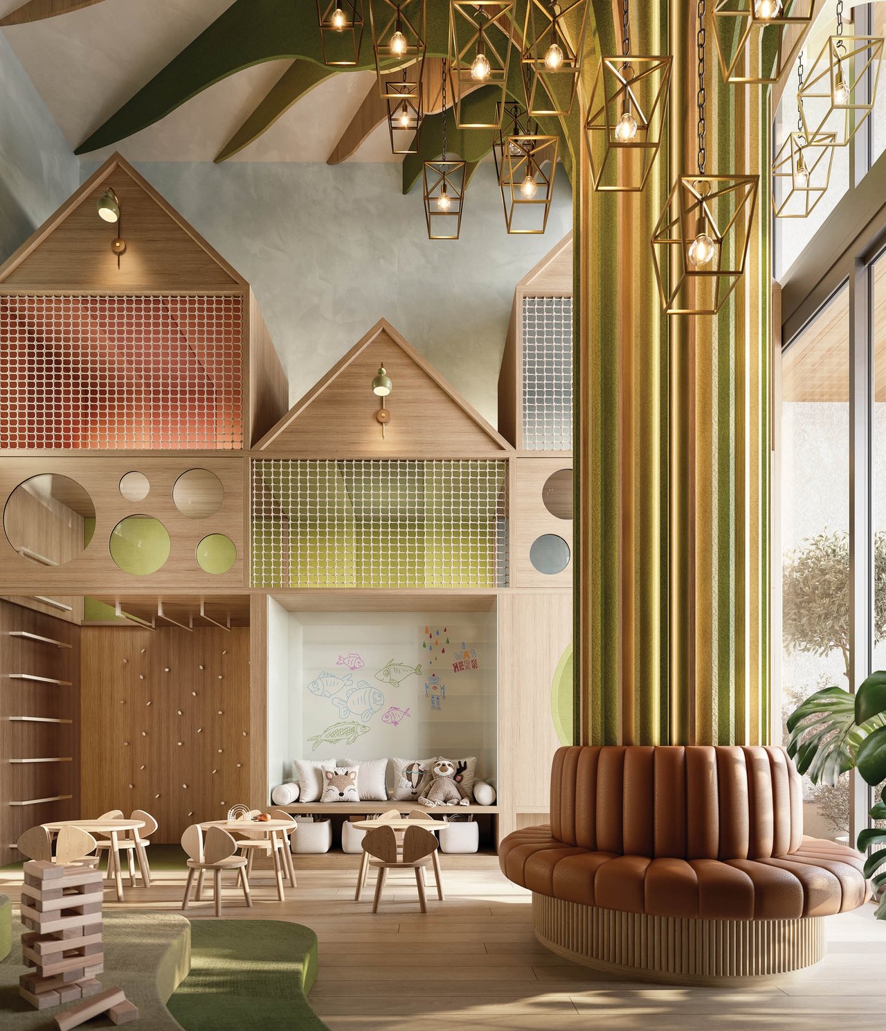 Children’s playroom with a wooden climbing structure, small tables, and a curved brown lounge chair.