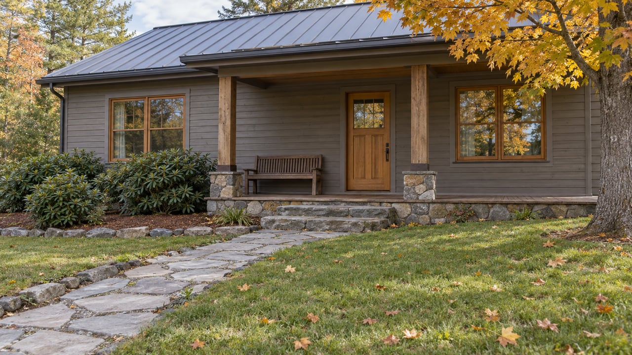 Wood-sided cottage with a covered porch, fieldstone steps and golden maple leaves across a spacious autumn lawn.