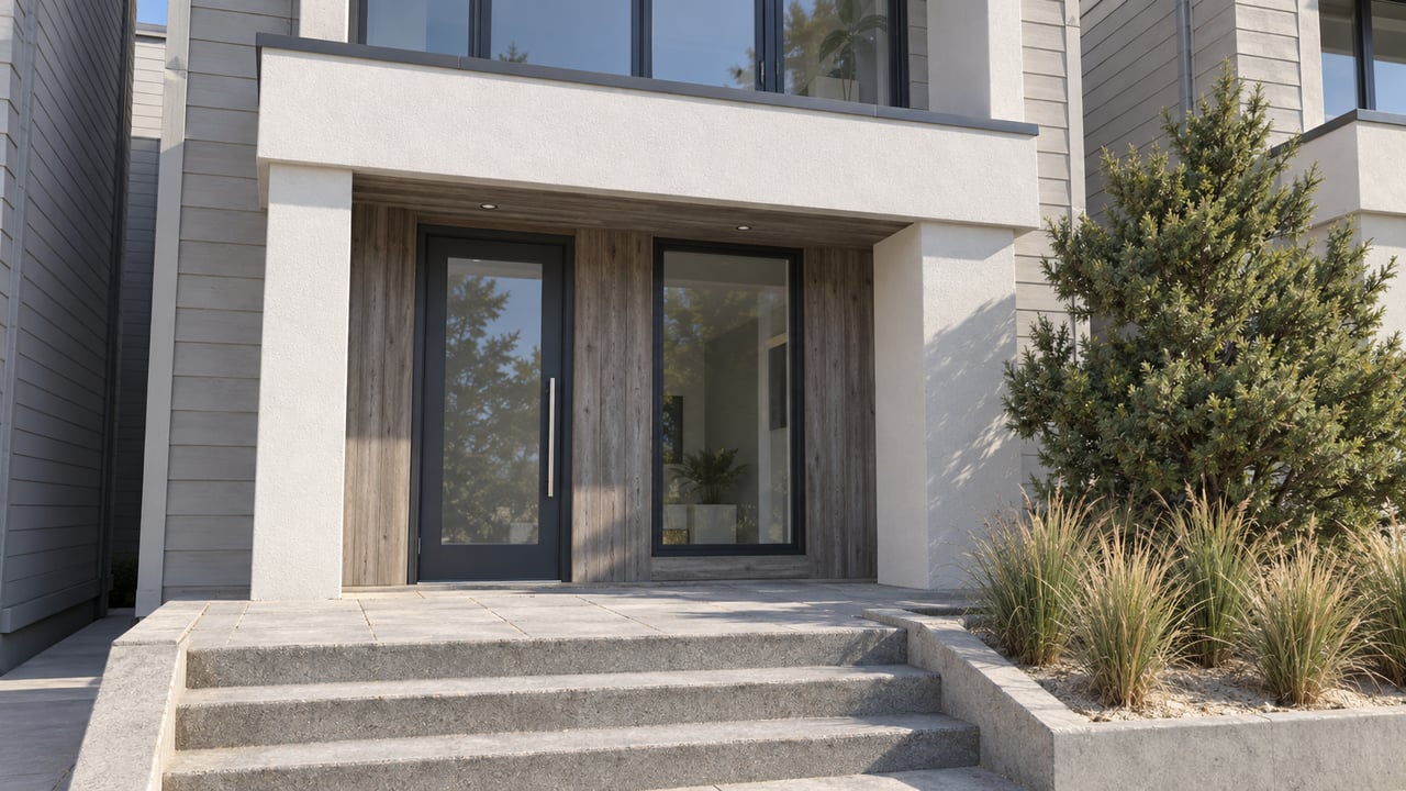 Sunlit coastal townhouse entry with pale siding, weathered cedar, broad concrete steps and a sculptural evergreen beside dune grasses.
