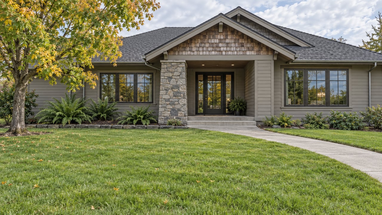 An established single-story home with gray siding, cedar gable accents and a stone porch overlooks a deep lawn beneath soft autumn daylight.
