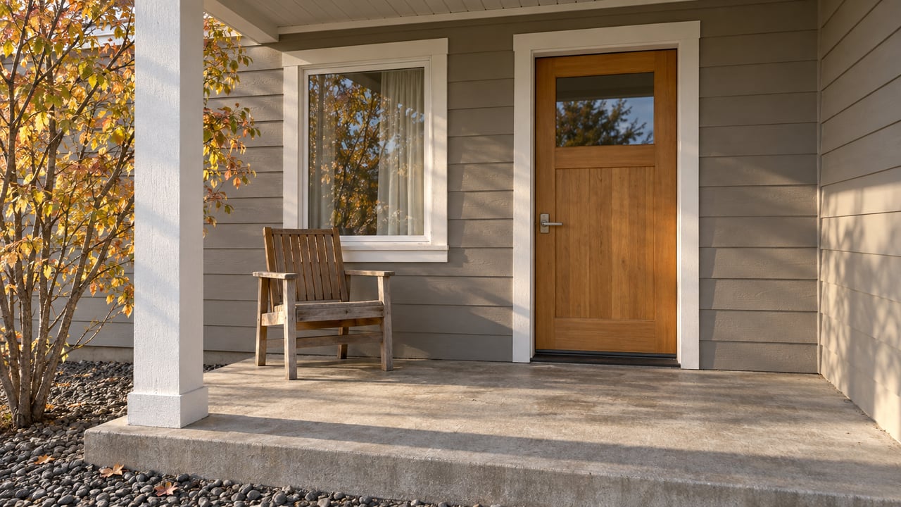 Sunlit covered entry with gray lap siding, a glazed fir door, cedar chair, and an autumn serviceberry beside a concrete porch.