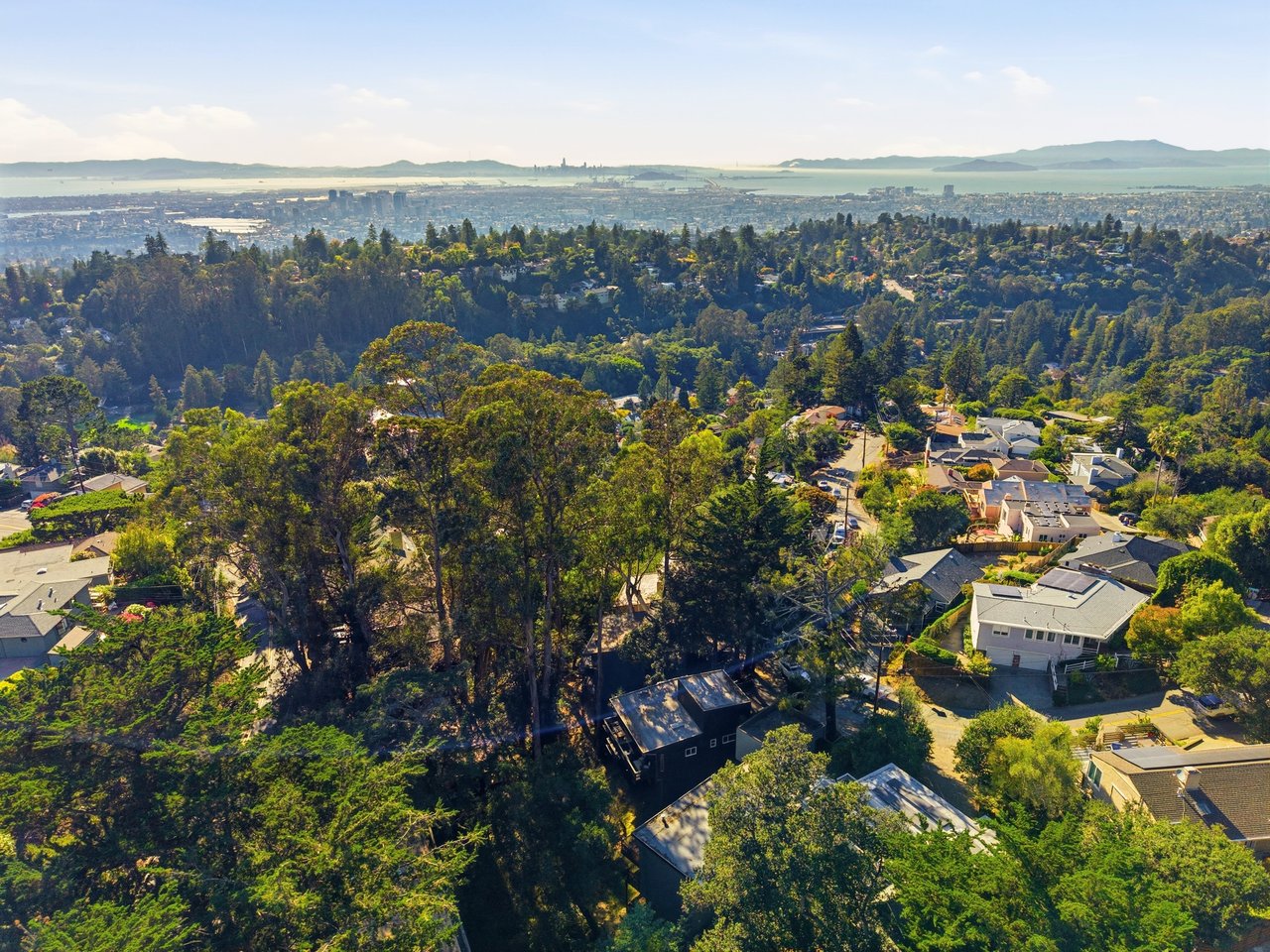Aerial view over wooded Oakland hills toward the city, bay, and distant hills.
