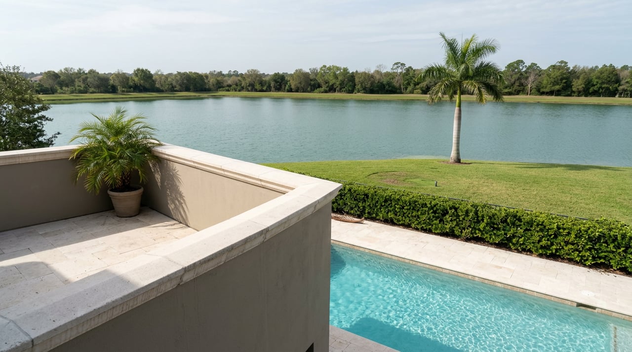 Travertine pool deck and screened lanai overlook a turquoise pool and teal lake, with a palm on the far bank.
