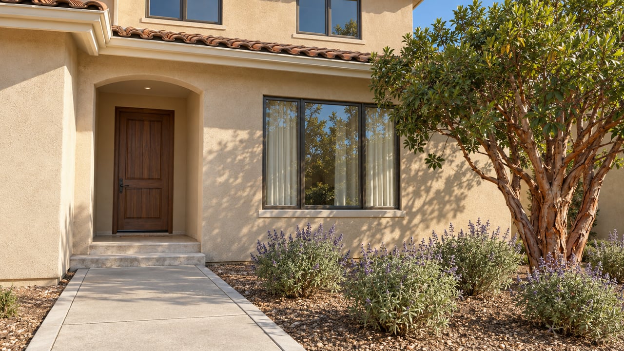 Sunlit sand-colored stucco home with a tiled roof, recessed wood front door, concrete approach and a carefully planted front garden.