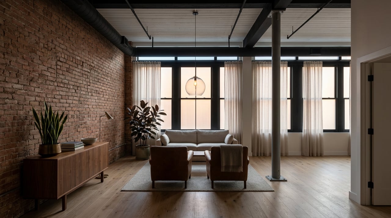 Converted brick loft with a linen sofa, leather chairs, tall steel-framed windows, and a glowing glass pendant.