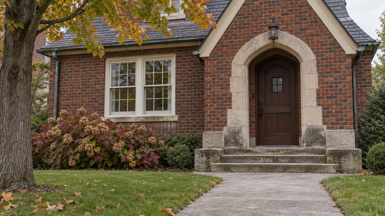 Brick home with a limestone arched entry, slate gable and autumn maple branches above a worn stone approach.