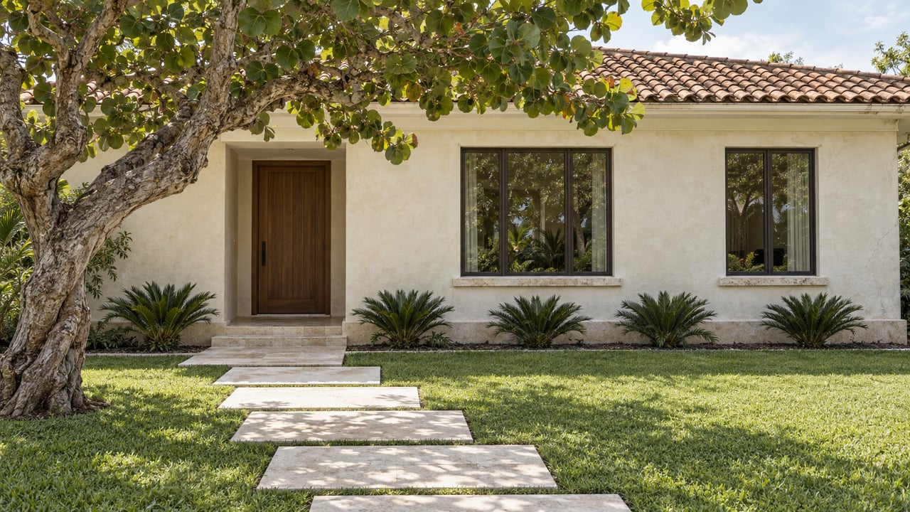 Cream stucco house with terracotta roof, limestone-paver approach, lawn, and a sea-grape tree.