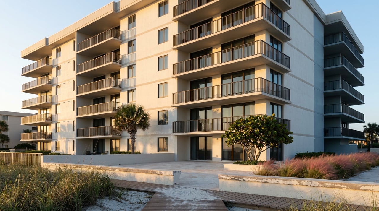 Coastal condominium tower with stacked balconies above a dune boardwalk, travertine terrace, and tropical planting.