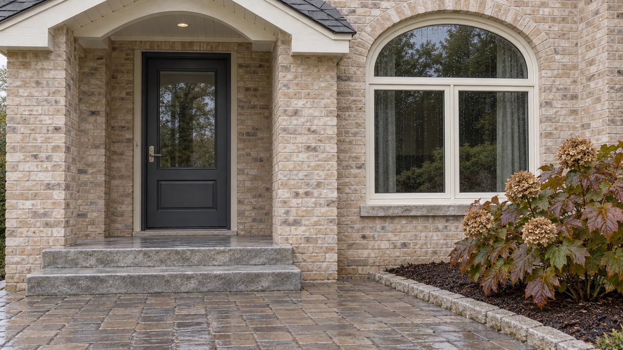 Sheltered brick home entry with a charcoal door, arched window, limestone steps and rain-darkened pavers beside an oakleaf hydrangea.