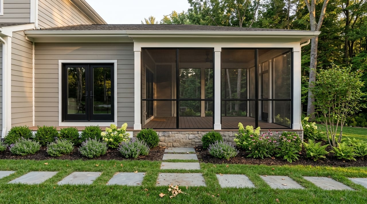 Stepping-stone path crosses a lawn to a screened porch, framed by foundation plants and trees.