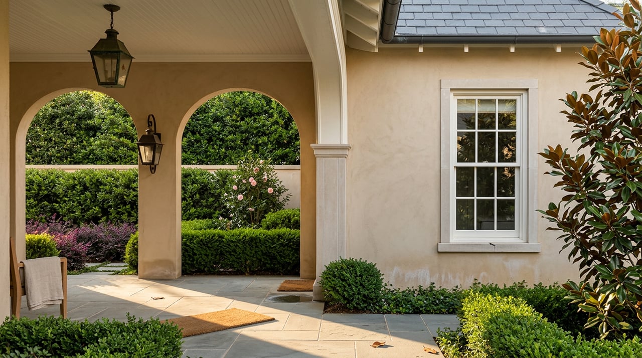 Stucco loggia corner with arched openings, a limestone pilaster, and a white casement window beside clipped boxwood.