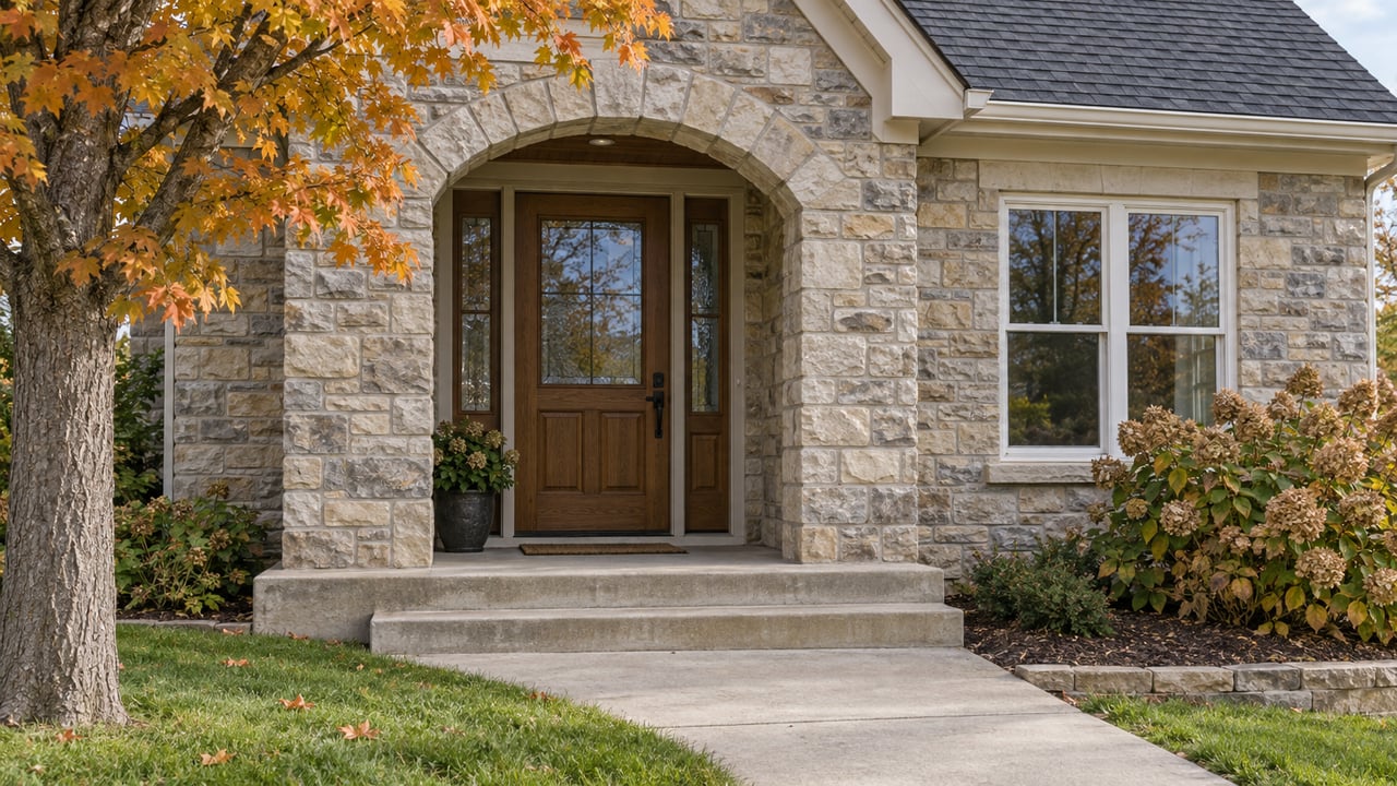 Stone-arched entry of a traditional home with an oak door, cream siding and autumn maple foliage.