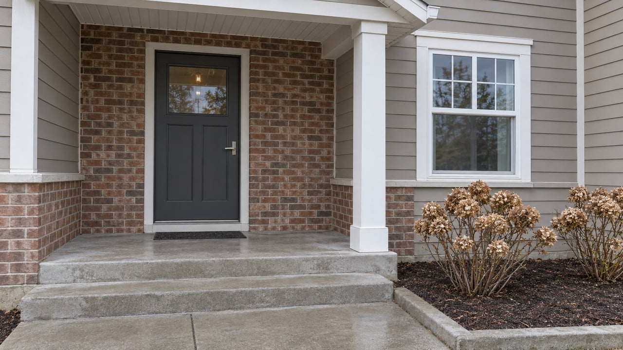 Sheltered entry with a charcoal door, brick surround, greige siding and concrete steps beside dried hydrangea flower heads.