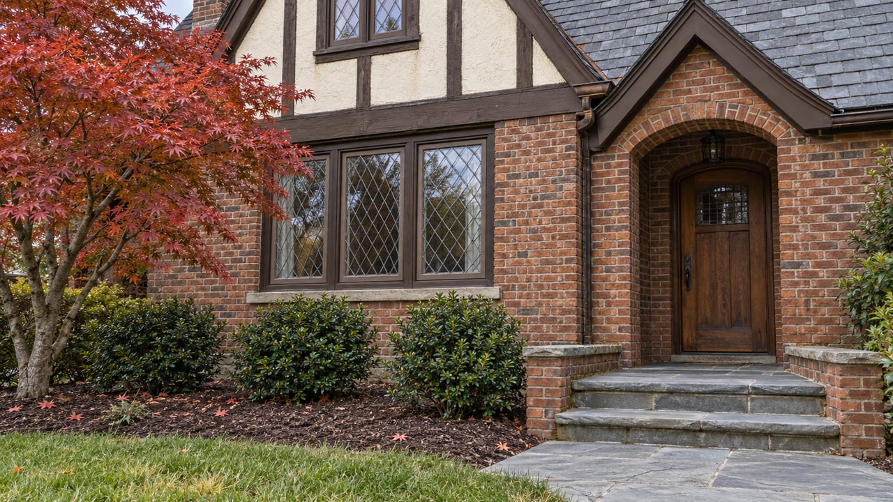 Brick-and-timber home with leaded windows, a recessed oak entry, bluestone steps and a copper-red Japanese maple.