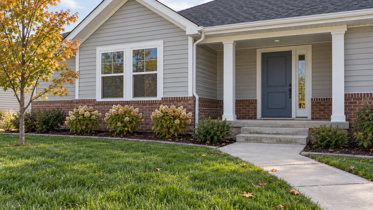 Newer single-story home with gray siding, brick base, covered entry and a deep front lawn in early autumn.