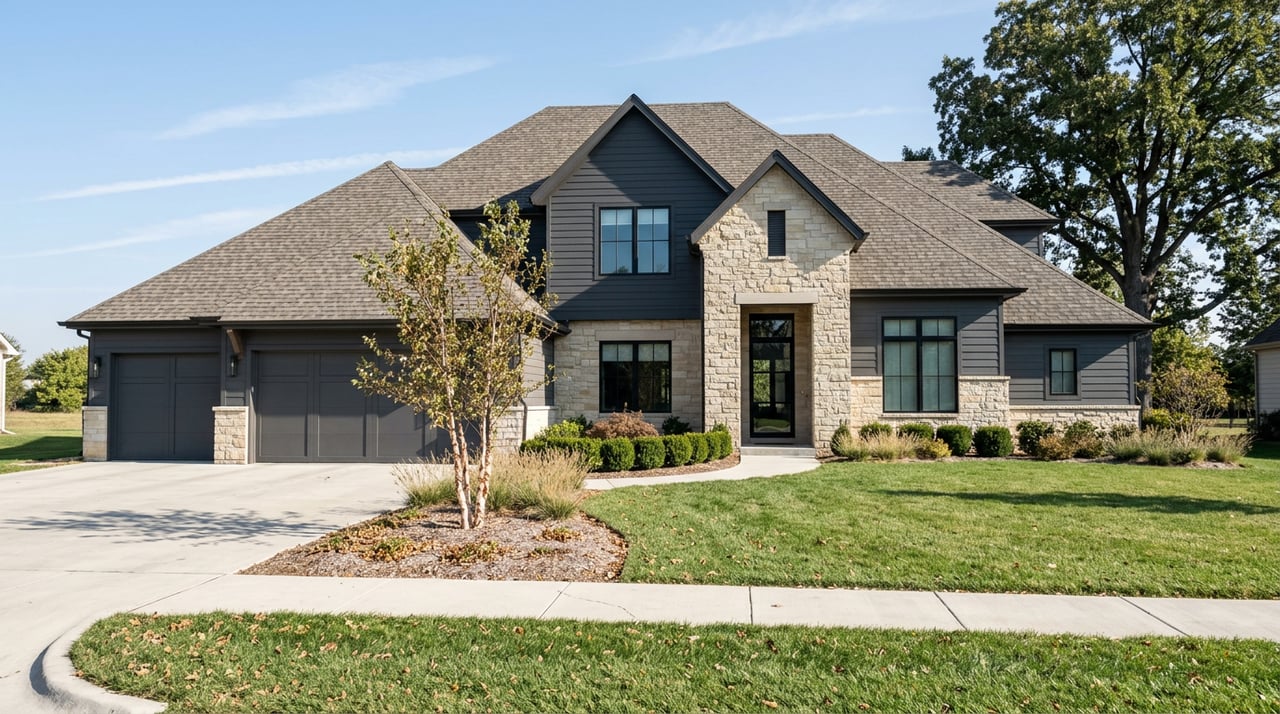 Two-story charcoal-and-limestone home with a three-car garage, set beyond a broad lawn beneath a mature oak.