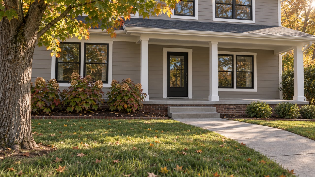 Updated greige home with black-framed windows, a covered concrete entry, a deep front lawn, and an autumn maple.