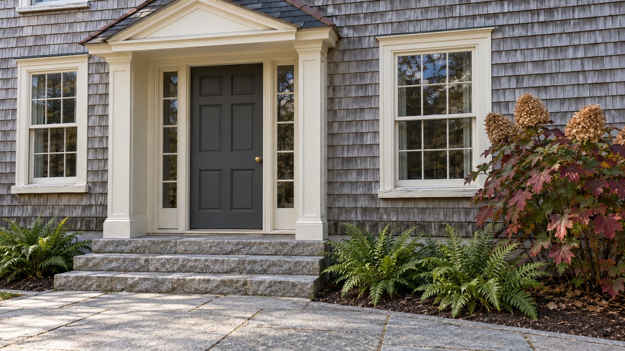 Weathered cedar-shingle house entry with ivory trim, charcoal door, granite steps and autumn oakleaf hydrangea.