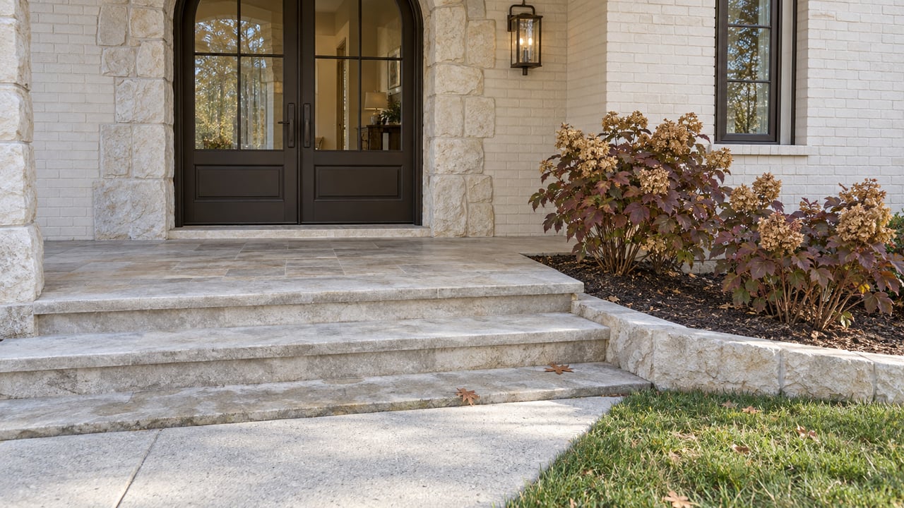 Cream brick home entrance with arched limestone surround, glazed bronze double doors and broad stone steps beside autumn oakleaf hydrangeas.