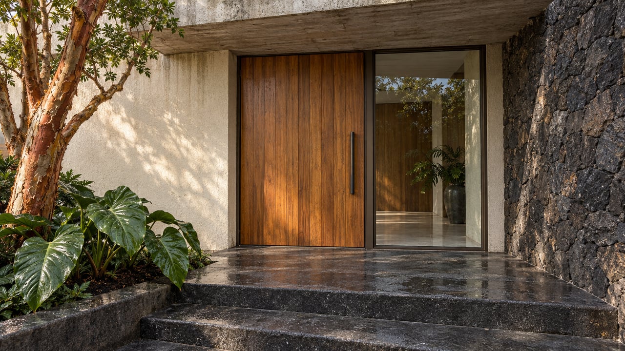 Rain-damp volcanic stone steps lead to a teak villa entrance beneath a broad concrete canopy beside a copper-barked tree.