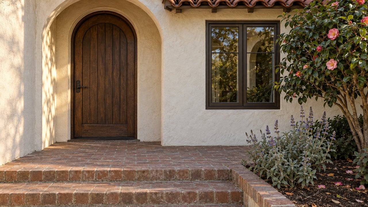 Pale stucco home entry with an arched oak door, clay roof tiles, worn brick steps and an established camellia.