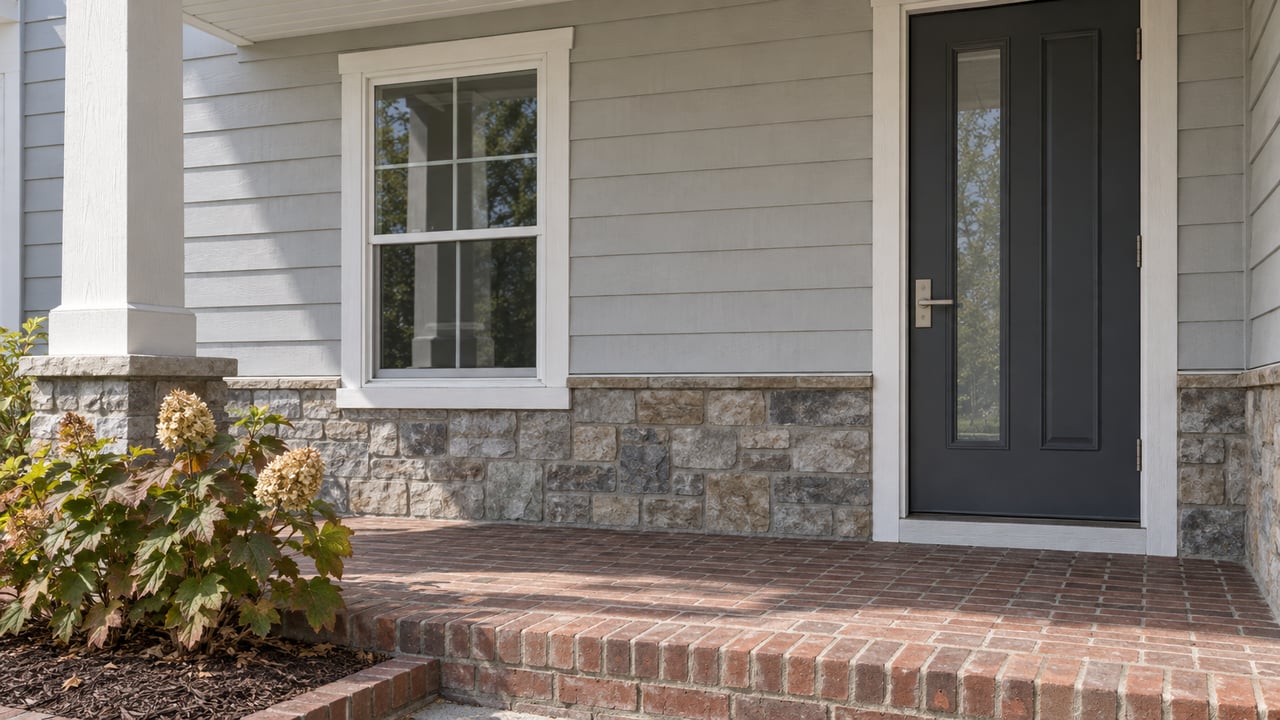 Close view of a covered home entry with pale siding, gray-tan stone, a charcoal door, brick porch paving and an oakleaf hydrangea.