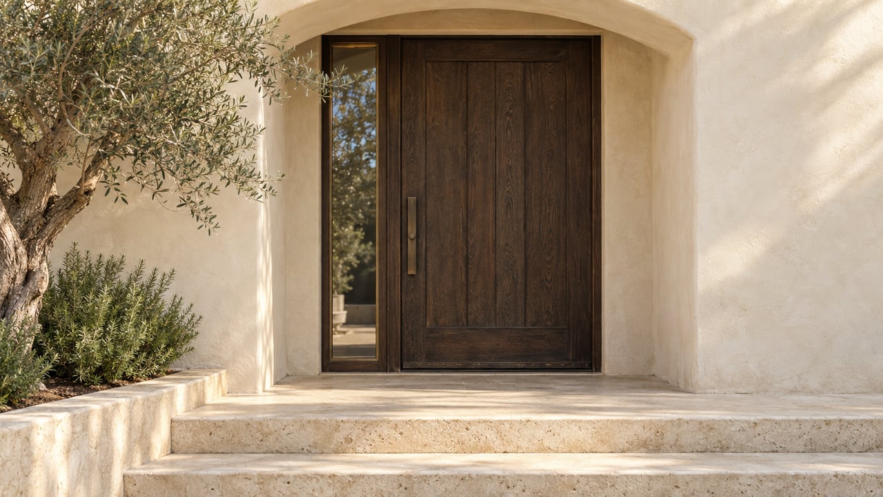 Recessed oak entry beneath a shallow stucco arch, with limestone steps and an olive tree at left.
