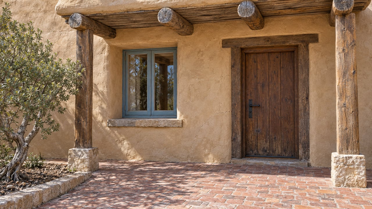 Weathered timber portal over a recessed walnut door and blue-framed window in warm adobe plaster, with brick paving and a sculptural mountain mahogany.