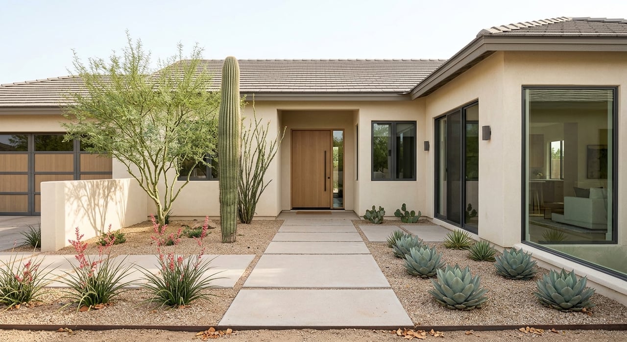Ivory stucco desert home entry with charcoal windows, concrete pavers, and sculptural cacti and agaves.