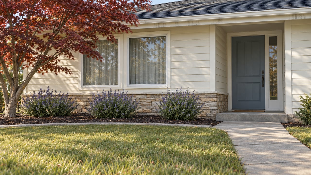 Updated single-story home with cream siding, a blue-gray entry door, paired windows and a burgundy-leaved tree beside a concrete front walk.