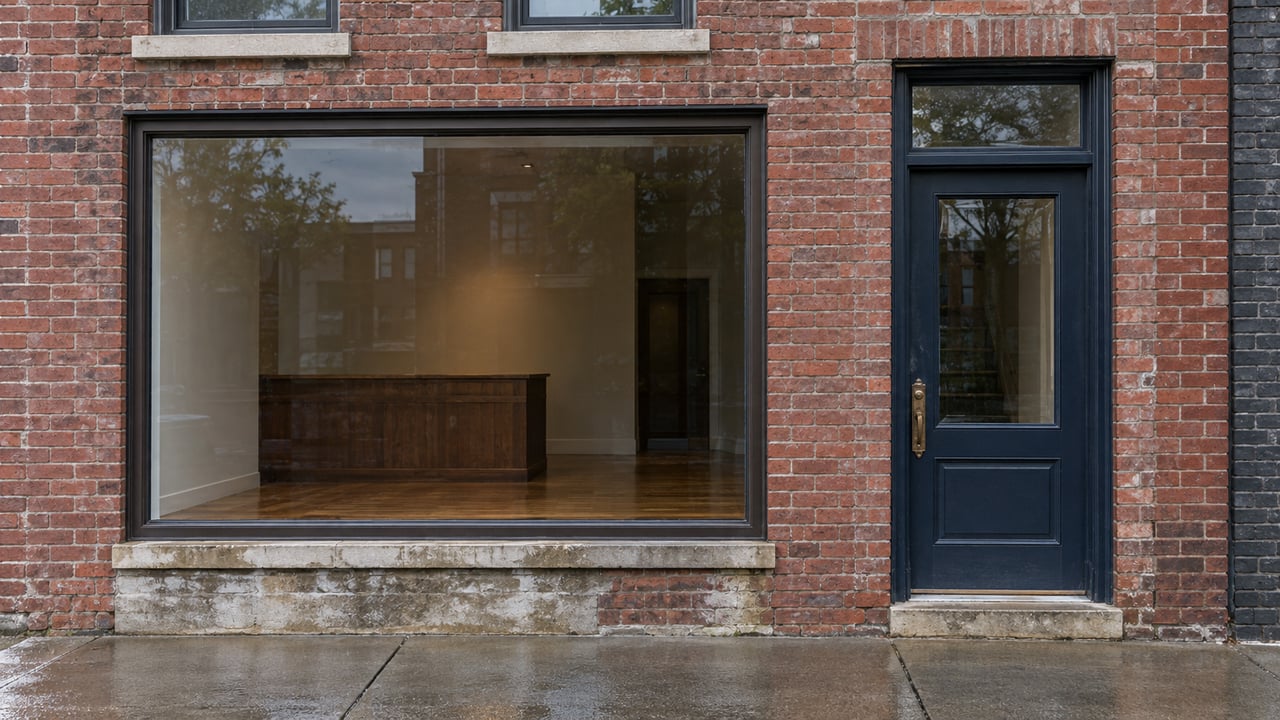 Brick mixed-use facade with a glazed storefront beside a navy residential door and rain-darkened sidewalk.