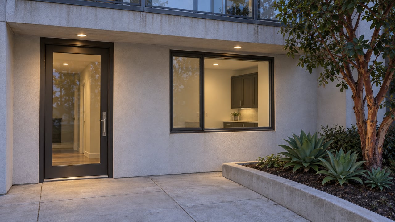 A glazed condo entrance and broad window beneath a stucco balcony, beside a raised bed with a strawberry tree and foxtail agaves at blue hour.