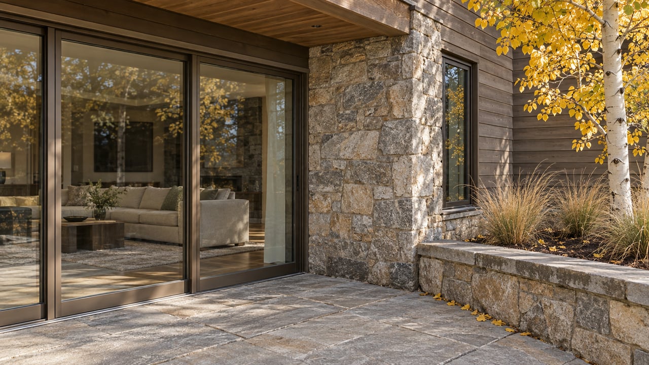 Autumn light on a cedar-and-stone residence, glazed terrace doors, quartzite paving, and a golden-leaved aspen beside a raised stone planter.
