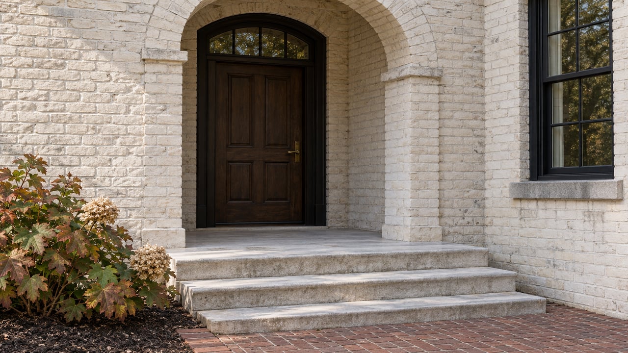 Ivory painted-brick arched entrance with a dark oak door, limestone steps and an oakleaf hydrangea beside a brick walk.