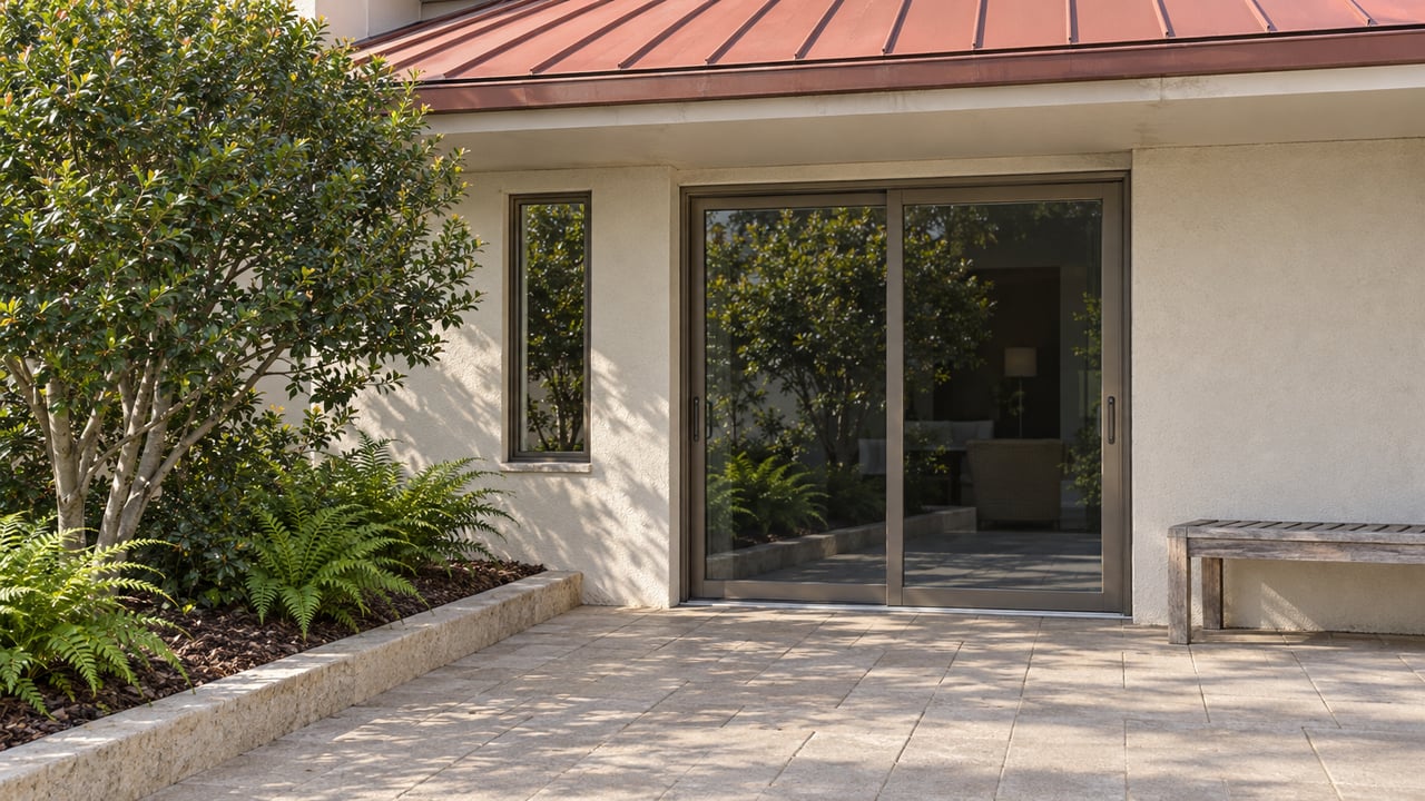 Sunlit condominium terrace with ivory stucco, a terracotta metal roof, closed glass doors and a yaupon holly in a curbed garden bed.
