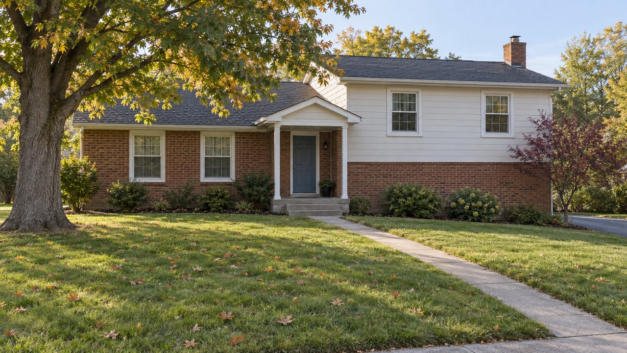 Brick split-level house with white siding, blue-gray front door, broad lawn, concrete walk, and oak tree.