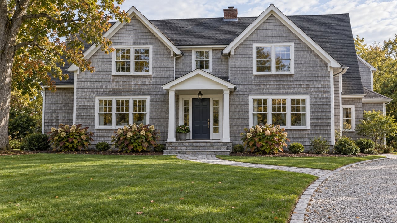 Gray cedar-shingled home with white trim, a recessed navy entry and a deep autumn lawn bordered by an oak and oakleaf hydrangeas.