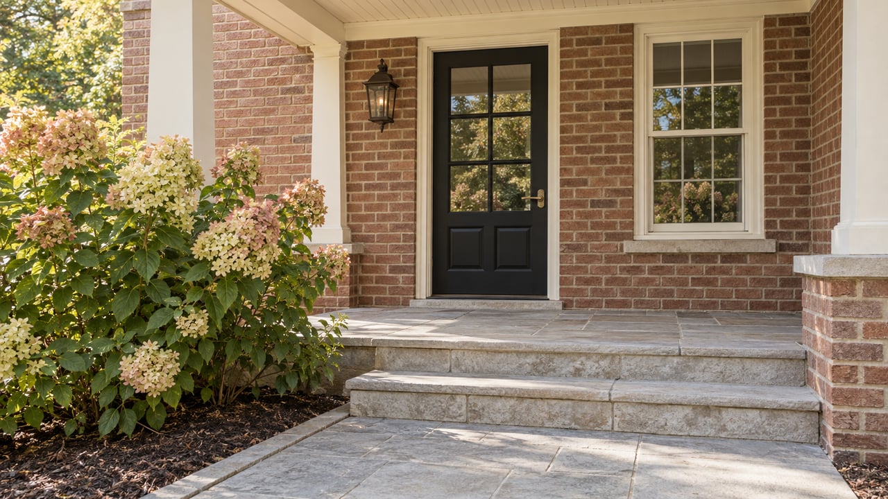 Brick home entry with a black glazed door, limestone steps and flowering hydrangeas beneath a painted porch roof.