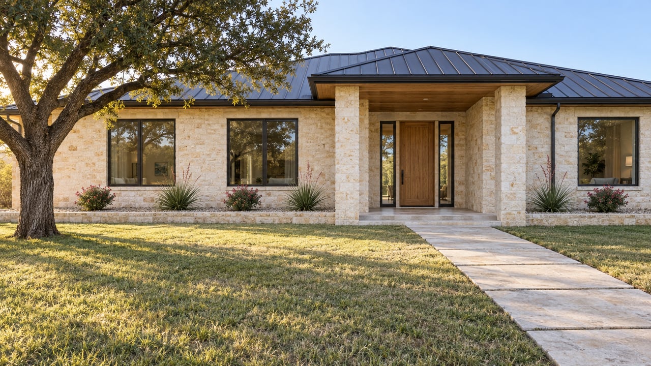 Morning light on a limestone home with a charcoal metal roof, recessed oak entry, broad front lawn, and a mature live oak.