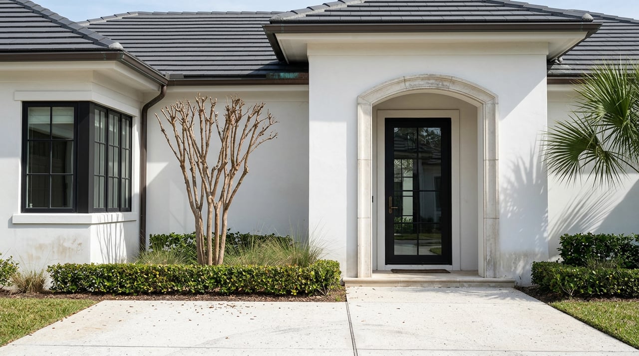 White stucco home with an arched stone entry, black French doors, and a crape myrtle in the front garden.