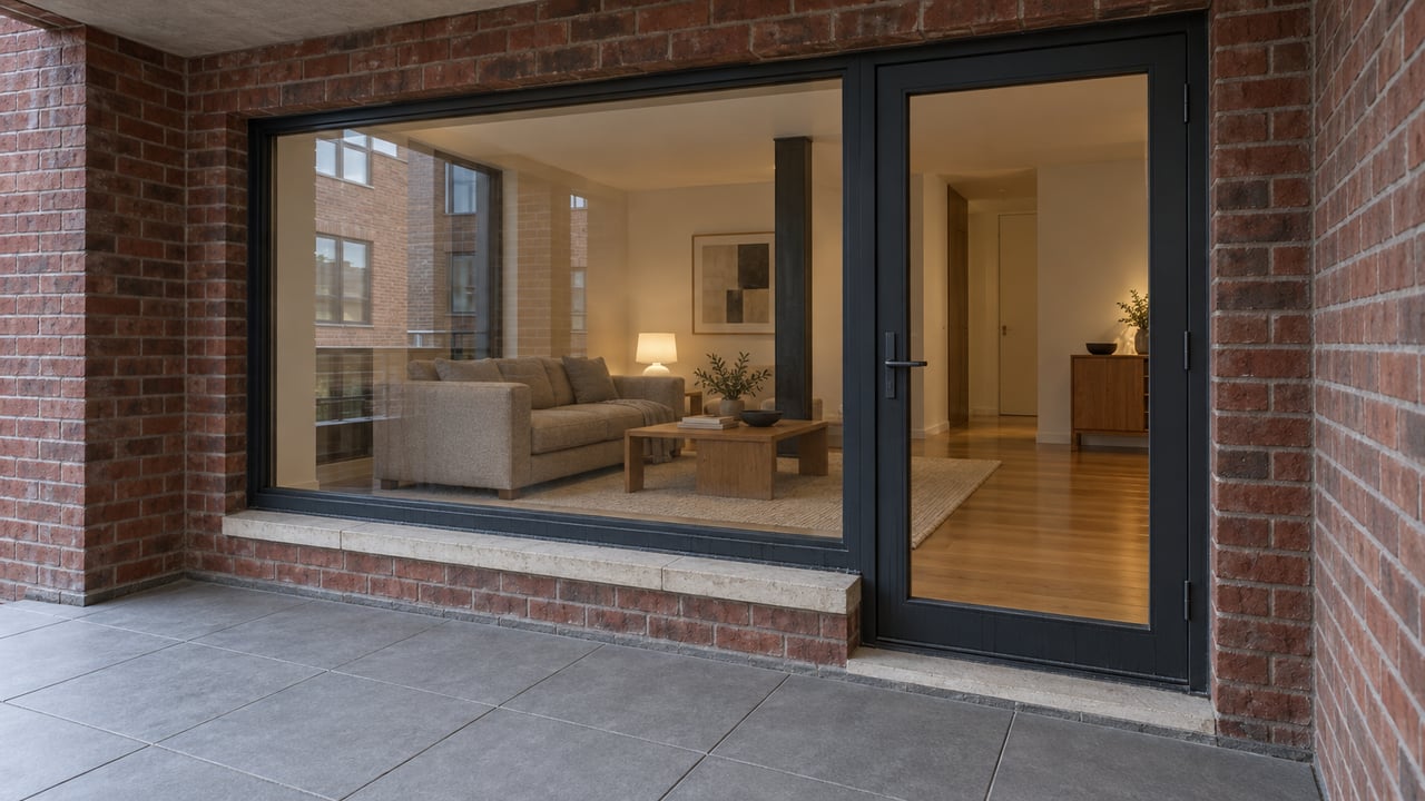 A sheltered brick condominium terrace with gray paving and dark-framed glass opening onto a warmly lit living room with oak floors.