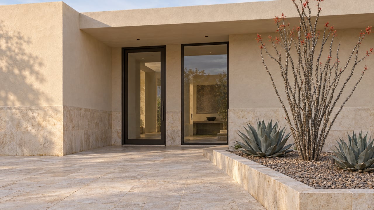 Desert home entrance with a recessed glass door, limestone approach, ocotillo, and two agaves.