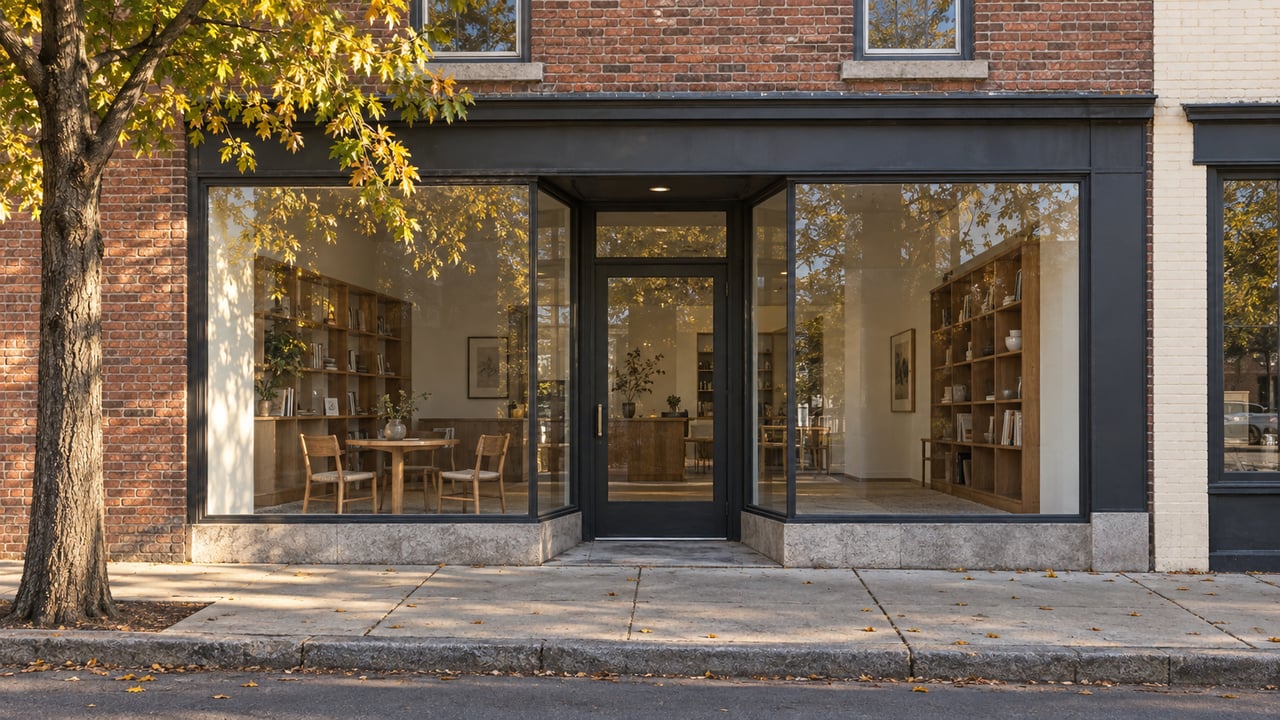Brick storefront with a glazed entrance, oak table and chairs inside, beside a sidewalk tree with fallen leaves.