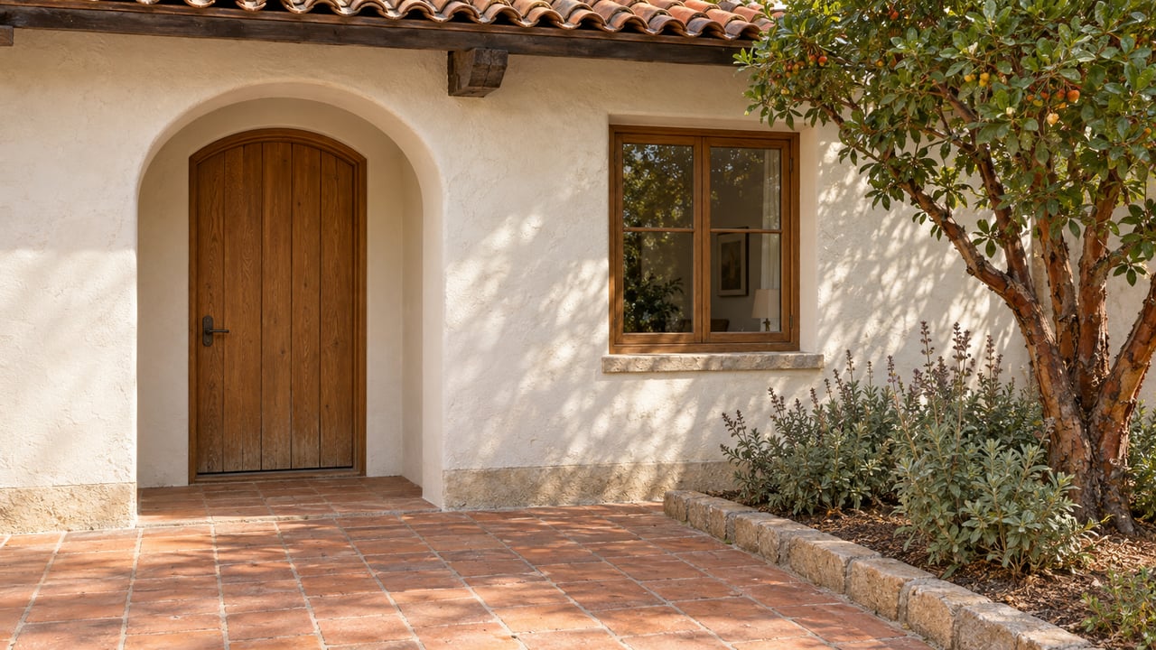 White stucco home with an arched oak entry, red clay roof tiles and worn terracotta paving beside a strawberry tree.