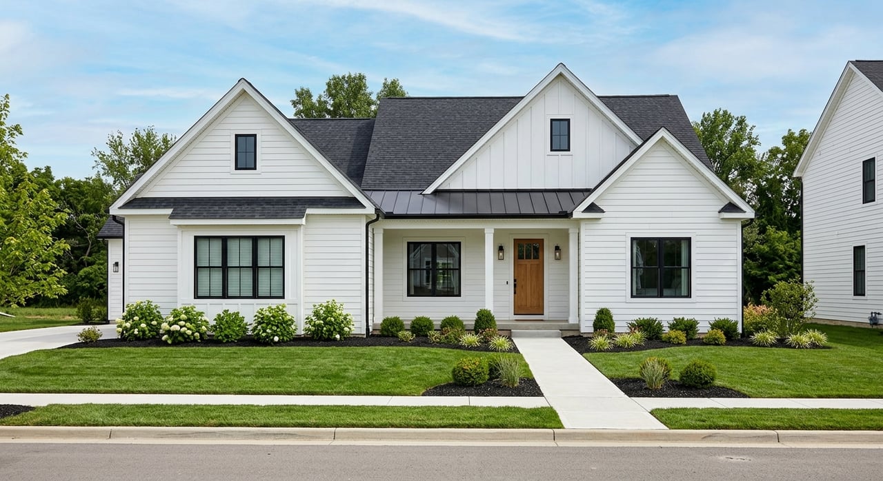 White modern farmhouse with a wood front door, black-trimmed windows, and a branching walkway through landscaped lawn.