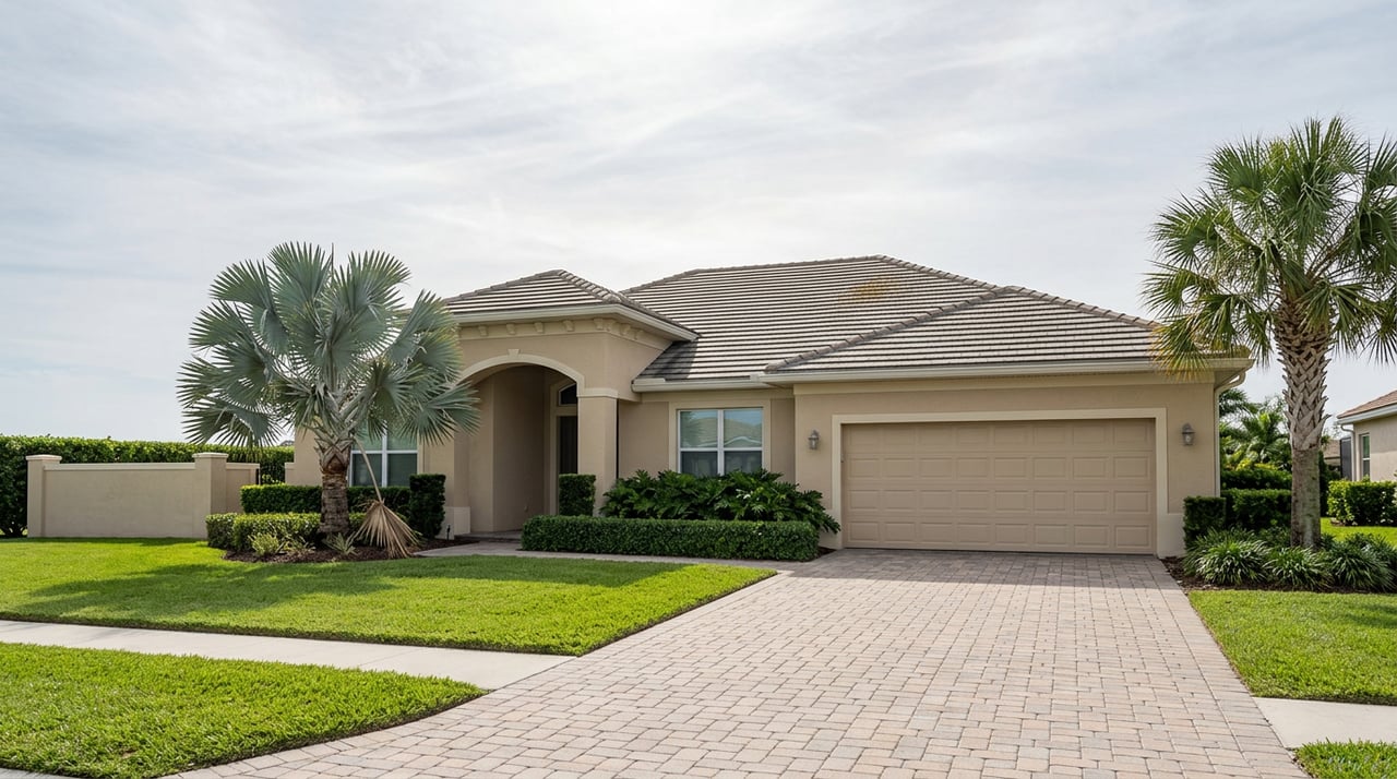 Sand-stucco coastal home with an arched portico, three-car garage, paver driveway, and silver-blue Bismarck palm.