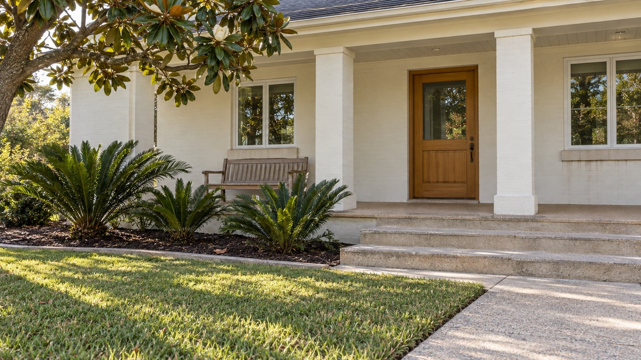 Cream masonry home with a sheltered wood entry, broad concrete steps and a garden of magnolia and coontie beside winter-tipped lawn.