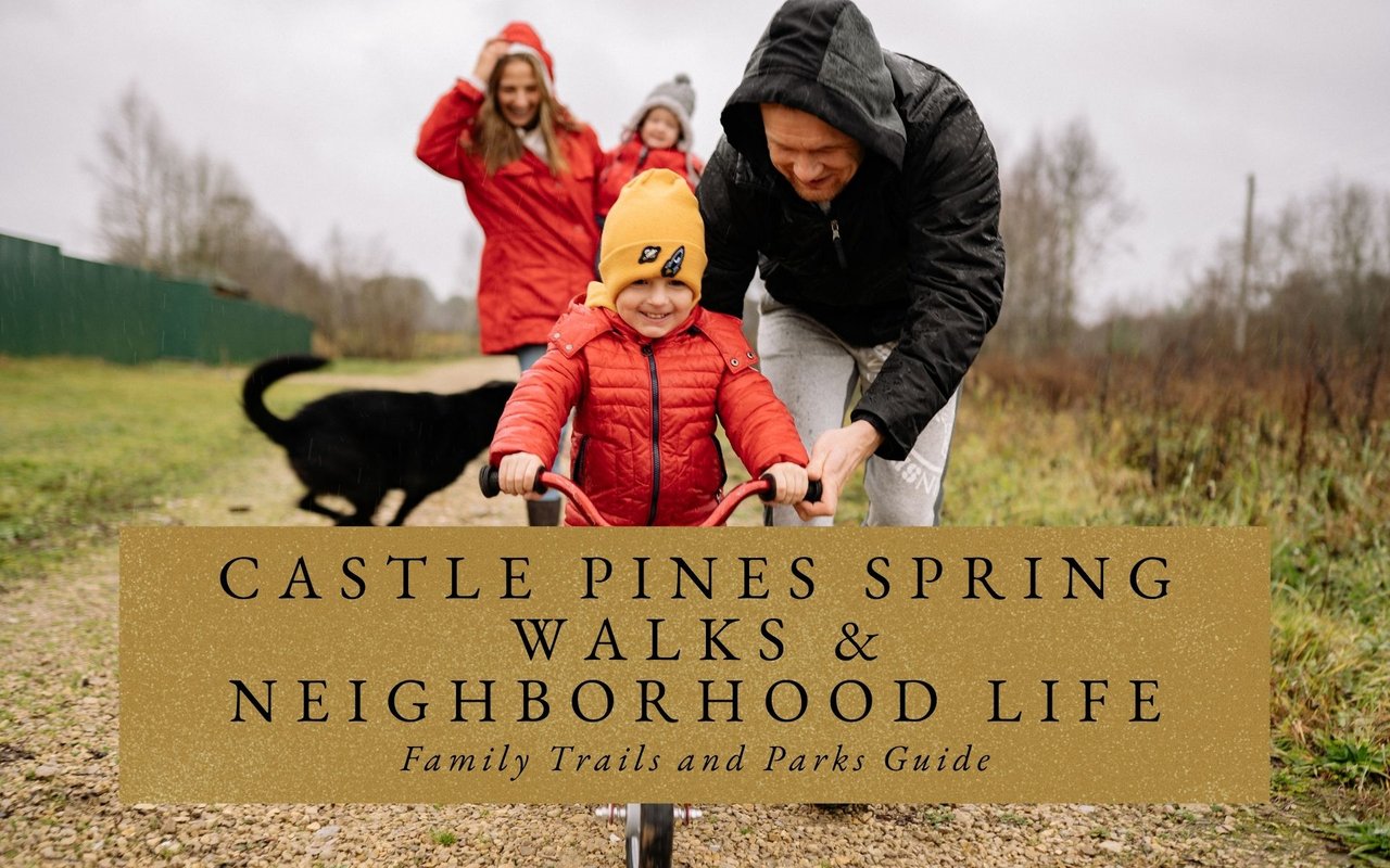 Tree‑lined Castle Pines residential street with kids riding bikes and neighbors walking dogs on a warm spring afternoon.