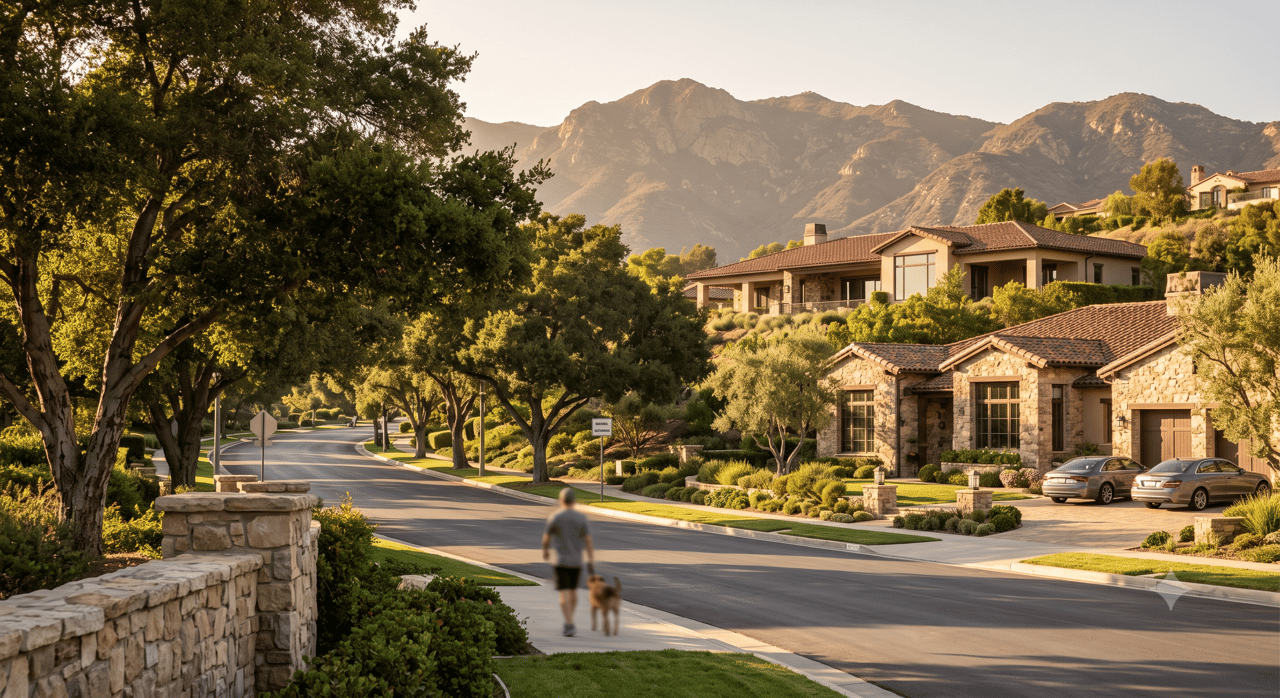 Tree-lined neighborhood street with stone homes and mountains in the background.